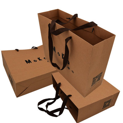 Mercadoria de sacolas de compras de papel marrom personalizado com fita